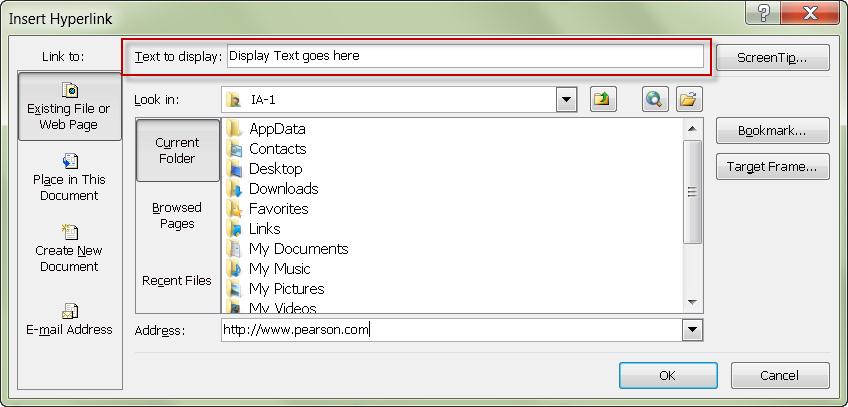 The first form field in the Insert Hyperlink dialog box allows users to change the text to display for the link.