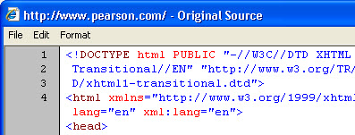 In the Web page source code, there's a doctype, followed by the HTML tag which has attributes of lang='en' and xml:lang='en', followed by the opening head tag