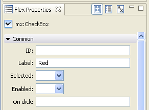 The Flex Properties window for a CheckBox has a label field under the 'Common' heading.