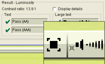 Icons representing 'volume' and 'full-screen' are tested for contrast using Contrast Analyser