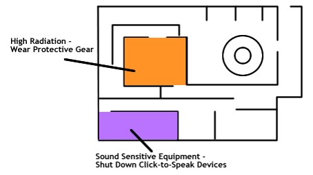 In this building map, labels are placed outside the map, but near what they label. Short black lines lead from the label to the corresponding section of the map.