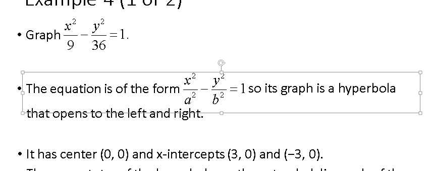 The same slide again with the rest of the sentence being a focused text placeholder. The focus lines show the box overlapping both the math equation and the text at the beginning of the sentence.