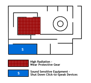 One area of a floor plan is red with white dots, another is blue with a large letter S in the center. A key maps the first to 'High Radiation - Wear Protective Gear' and the second to 'Sound Sensitive Equipment - Shut Down Click-to-Speak Devices'.