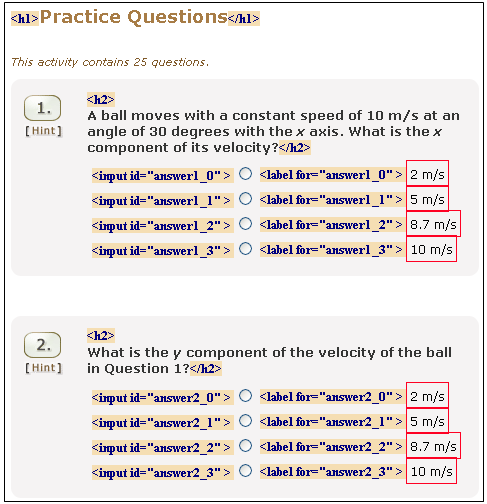 The question text for two physics multiple choice questions are marked as headings and each radio button has label markup. One of the questions is longer than 25 words.