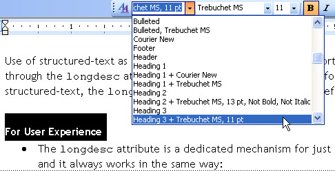 In a Word document,  'Heading 3 + Trebuchet, 11 pt' is selected from the Format Menu to style a selected heading