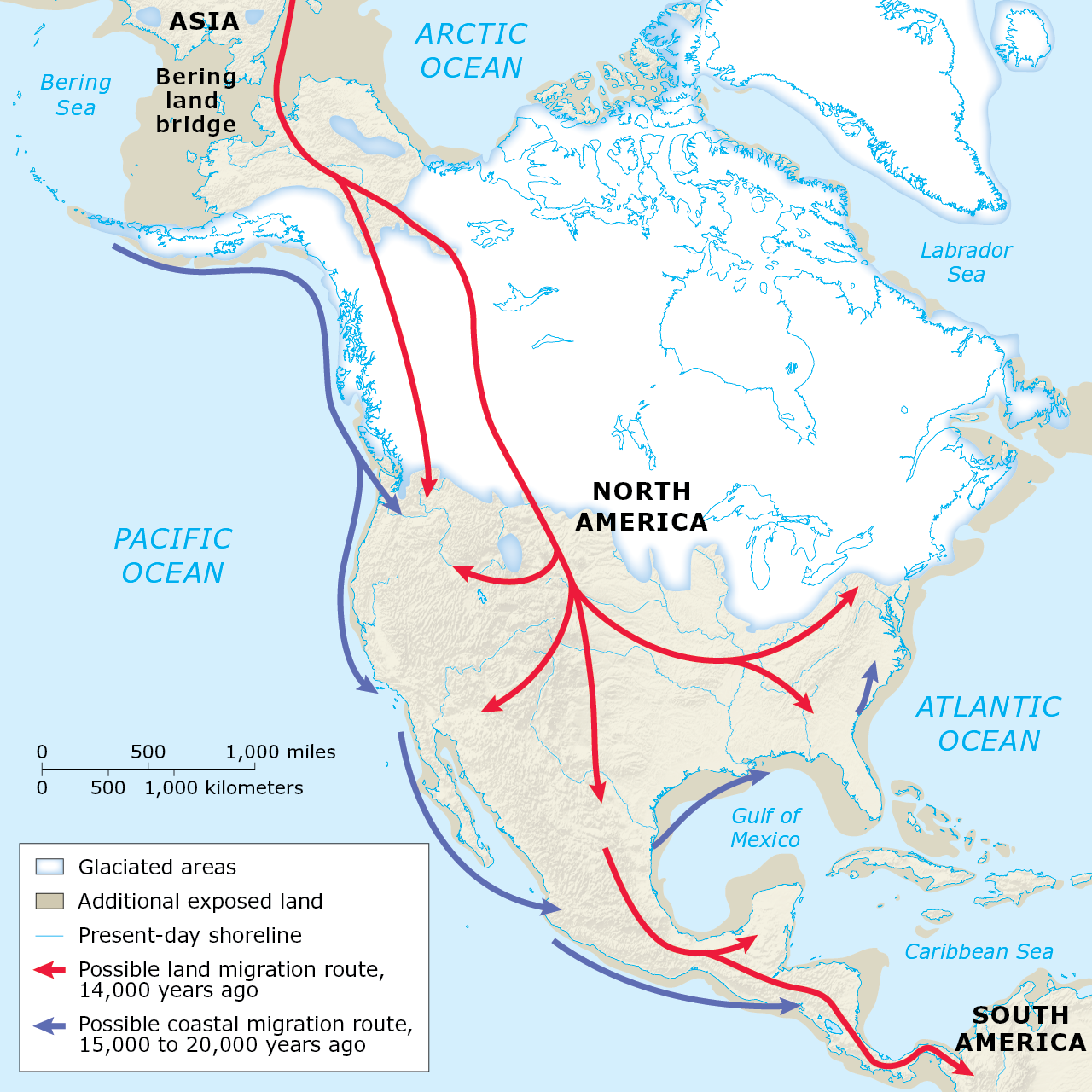 Map 1.1, “Migration Routes into the Americas,” is a map of North America using arrows to show possible migration routes thousands of years ago.
