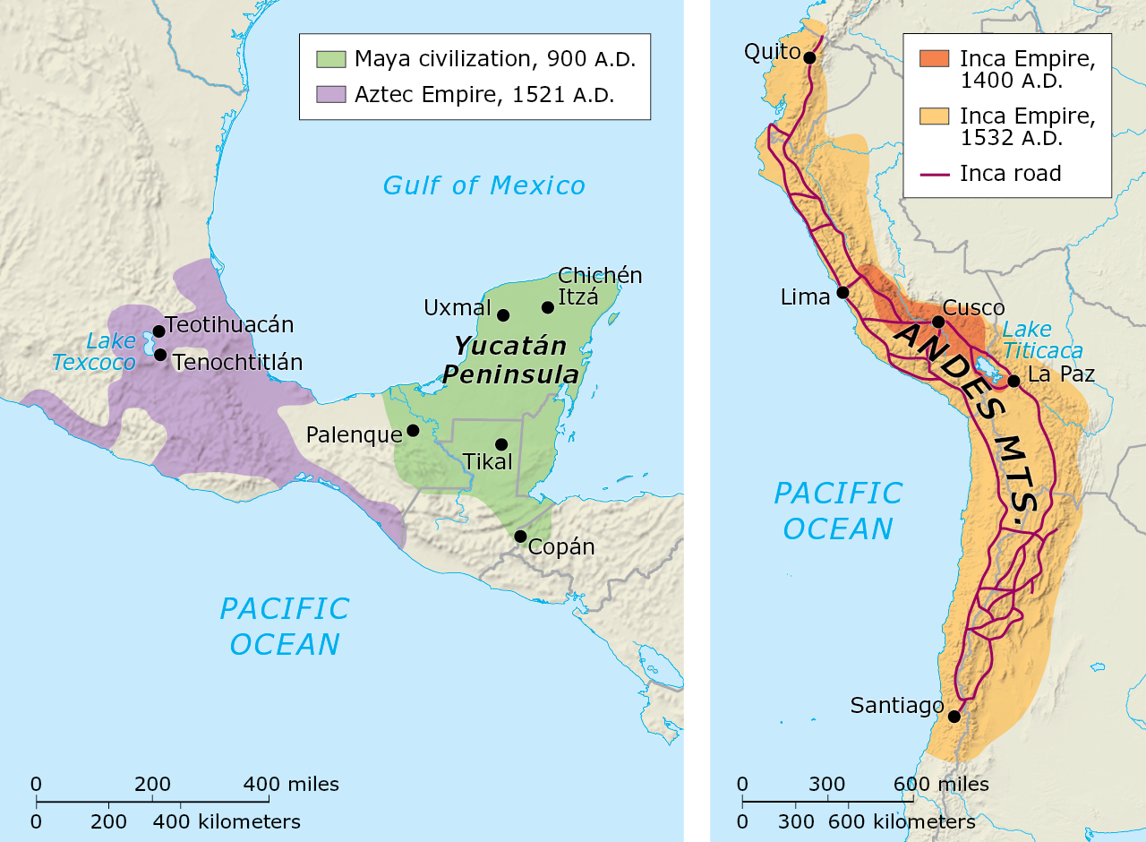Map 1.2, “Maya, Aztec, and Inca Civilizations,” presents two maps, one identifying the Maya civilization in 900 A.D. and the Aztec empire in 1521 A.D., the other identifying the Inca empire in both 1400 A.D. and 1532 A.D.
