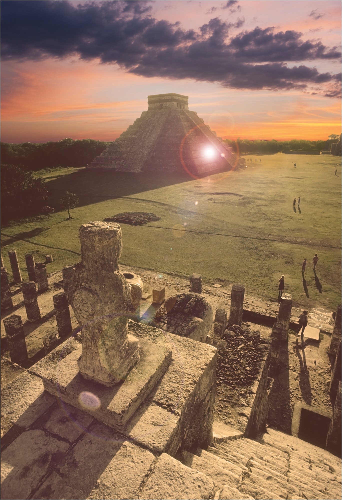 Photo 1.2, “Maya Pyramid, Chichén Itzá, Mexico” is a contemporary color photograph of the Mayan pyramid Kukulcan El Castillo, taken at dusk from about halfway up a neighboring pyramid by photographer Christian Delbert. 